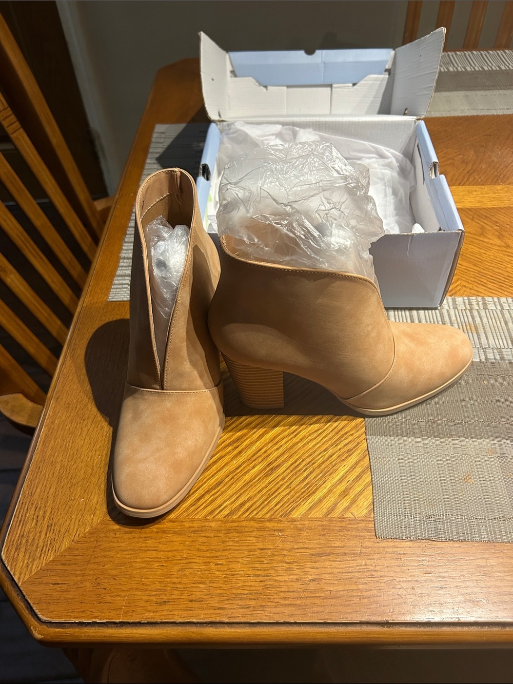 Tan Women's Suede Ankle Booties with Block Heel by Shibever.
